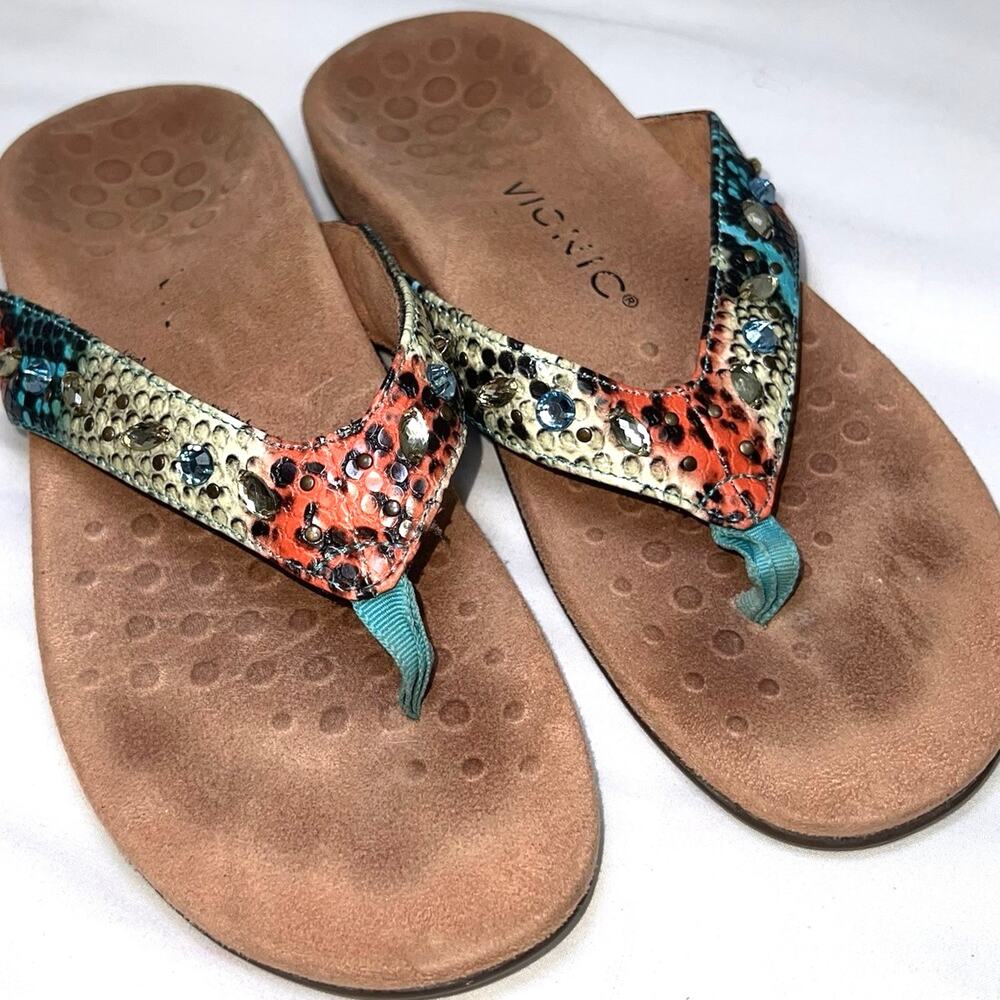VIONIC Lucia Sandals Size 7 Multicolor Snake Thong Jeweled Leather Comfort Ortho